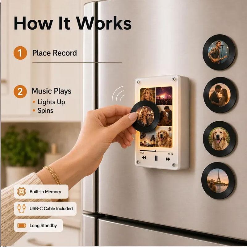 Custom Music Fridge Magnet, Personalized NFC Record Player Magnet Photo Collage Music Box Voice Note Gift