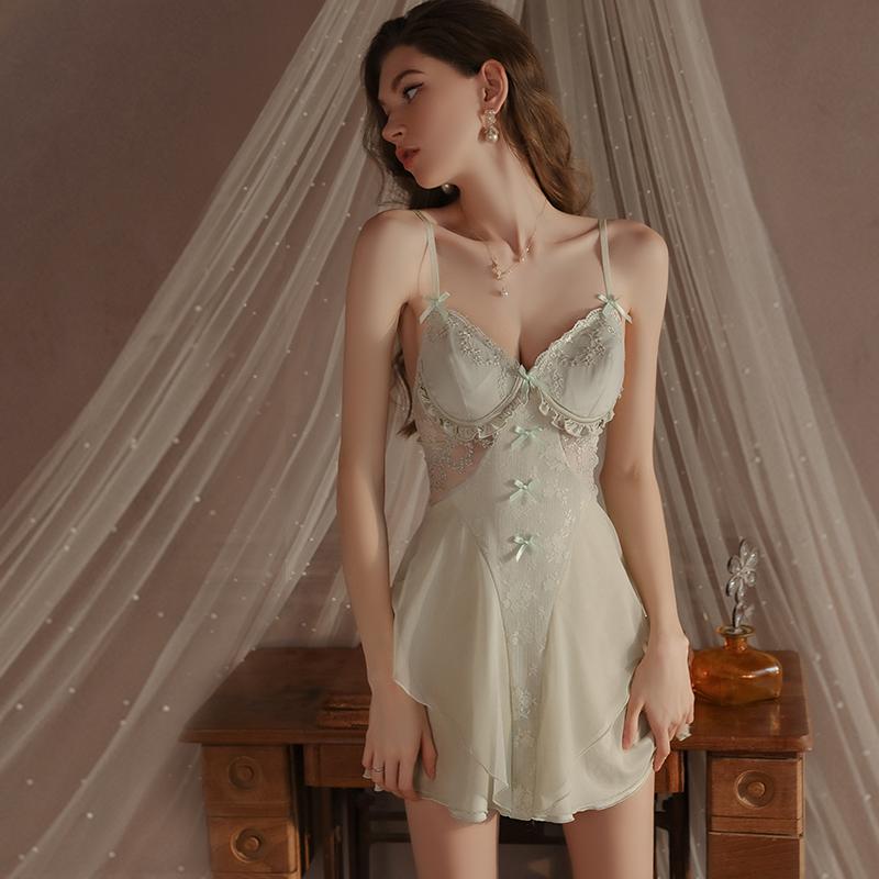 

Women Sexy Sleepshirts Mesh Transparent Hollow Sleeping Skirt Erotic Deep V Backless Sleepshirts Lounge Clothing Outer Robe one size