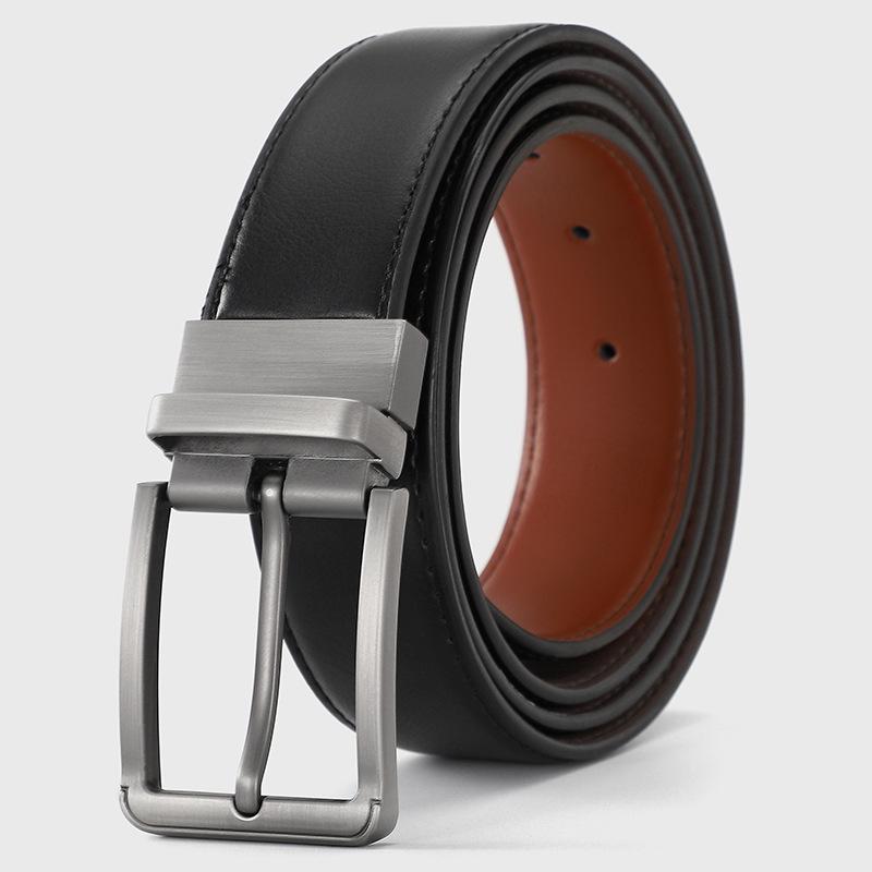 Extra Long Men's Reversible Leather Belt with Rotatable Pin Buckle