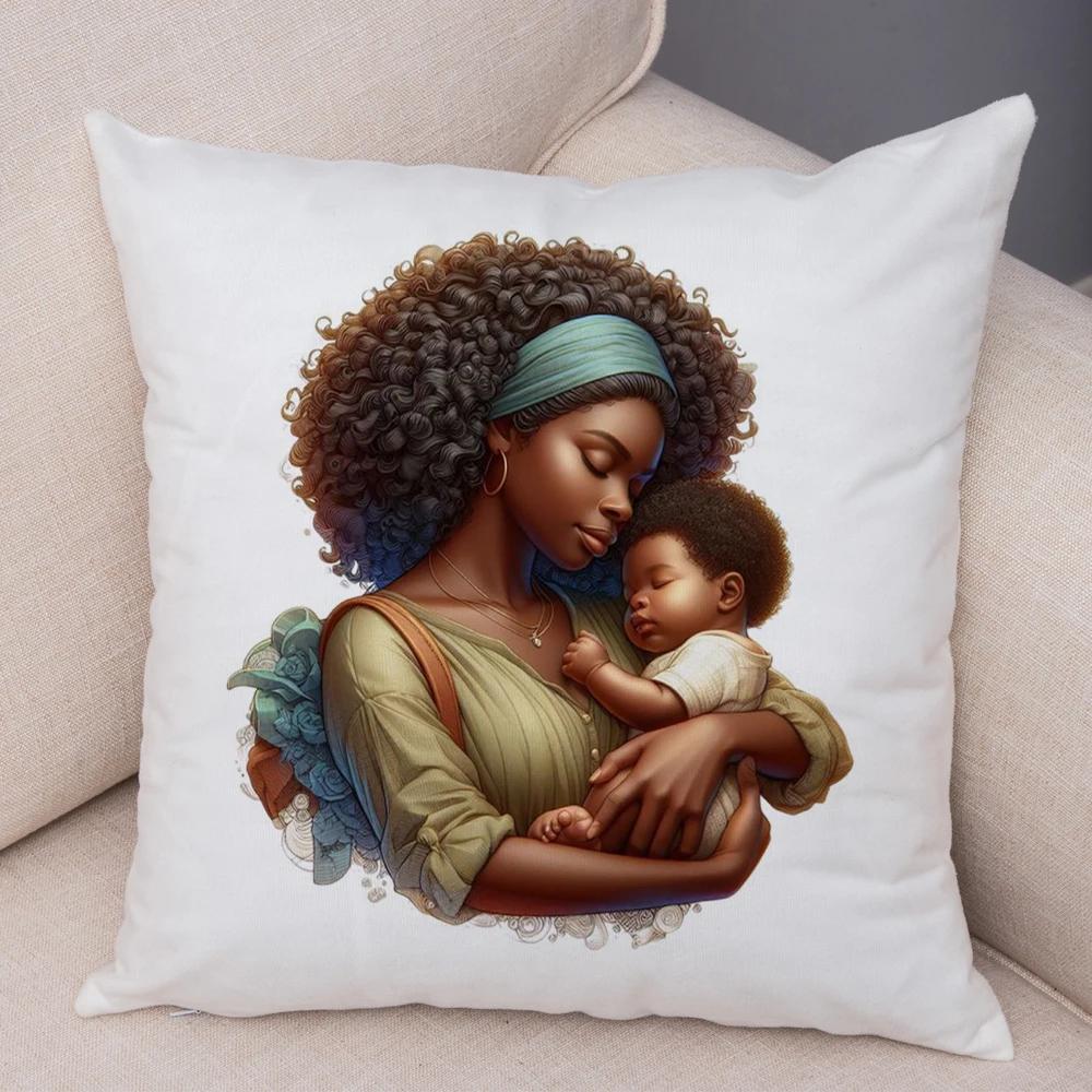 Africa Mom And Baby Pillow Case Decor Cartoon Beautiful Black Women Cushion Cover For Sofa Home Short Plush Pillowcase 45X45Cm