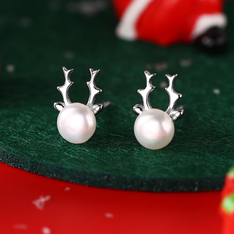 925 Sterling Silver Antler Pearl Stud Earrings - Freshwater Pearl Christmas Gift for Women