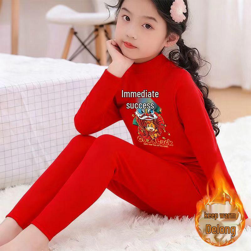 2026 Children's Red Year of the Horse Fleece Suit - Warm Half-High Collar for Medium and Large Kids