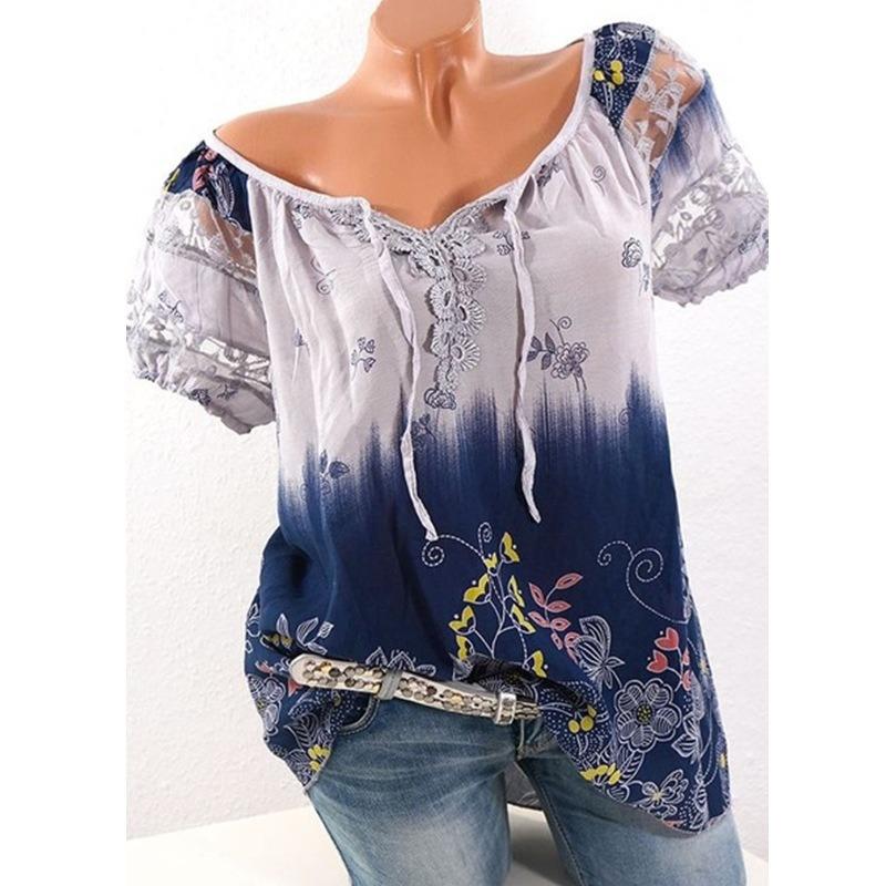 Ladies Summer Tops V-Neck Printed Lace Lace Short Sleeve T-Shirt
