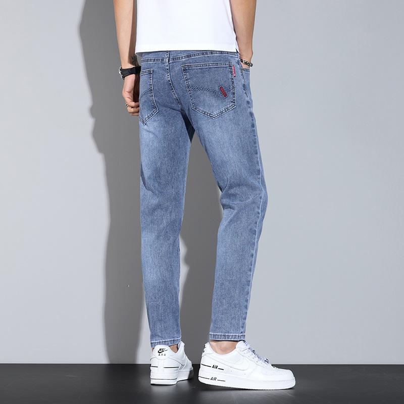 

Spring versatile loose simple men s jeans fashionable blue gray casual stretch small straight men s pants 36