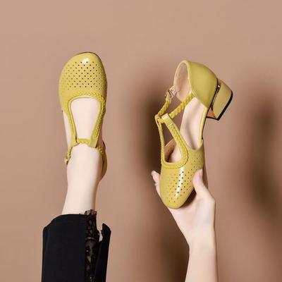 Women Fashion Round Toe Hollow Out Breathable Spring Buckle Strap Square Heel Shoes Lady Casual Leather Shoes Ab677
