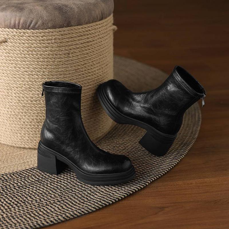 New women's Korean version large-size women's boots solid color round head high heel solid color rear zipper comfortable thick-soled non-sli