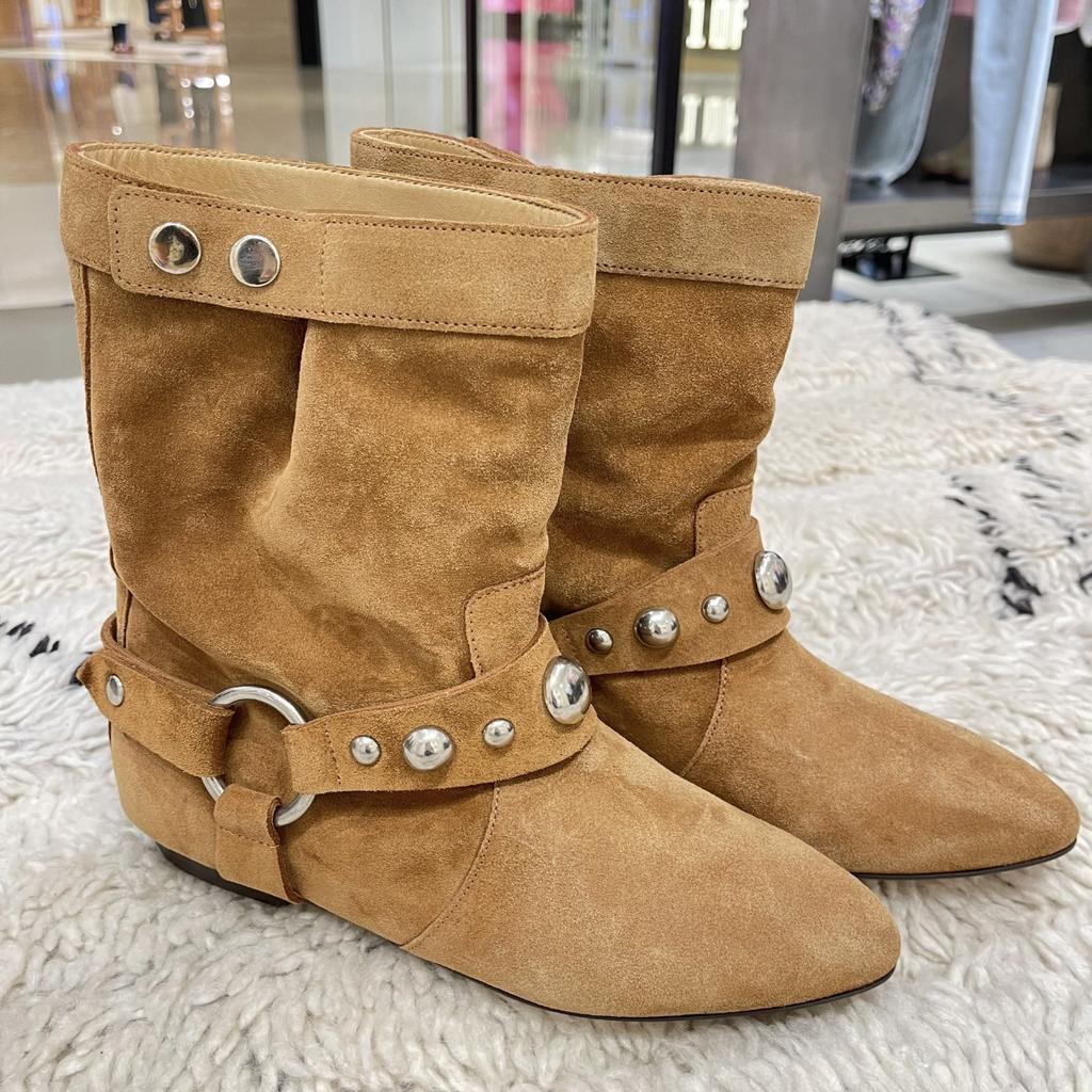 High Quality Suede Leather Short Boots Woman Pointed Toe Rivets Buckle Strap Flat Shoes Woman Western Cowboy Boots Women