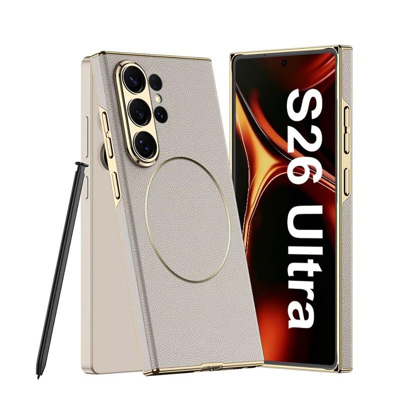 Magnetic Wireless Charging Case Galaxy S26 Ultra S25 Curved PU Leather With Nickel Ring Anti-Slip Shockproof PC