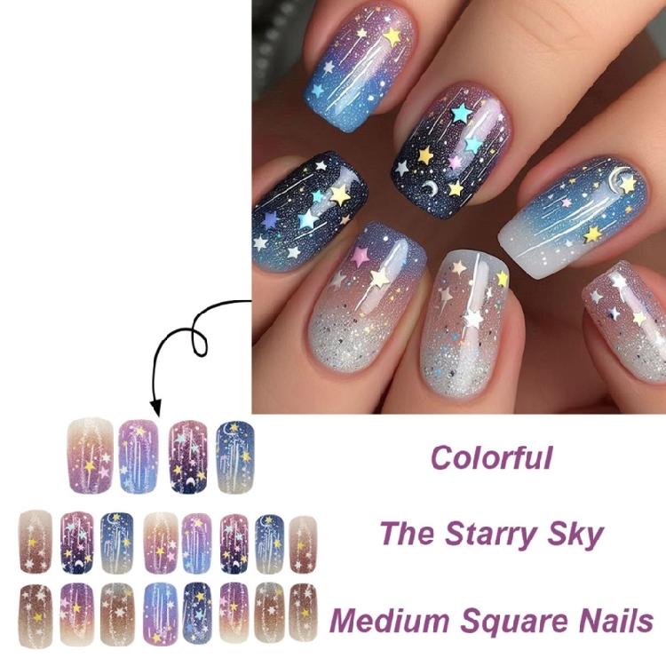 24Pcs Medium Square False Nail Space Theme Moon Star Designs Acrylic Nail For Commuting Celebrations And Special Event