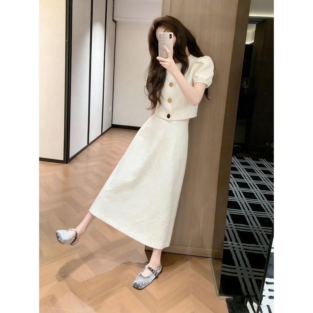 Rich daughter Xiaoxiangfeng suit summer knee dress women's white top high waist skirt two-piece skirt