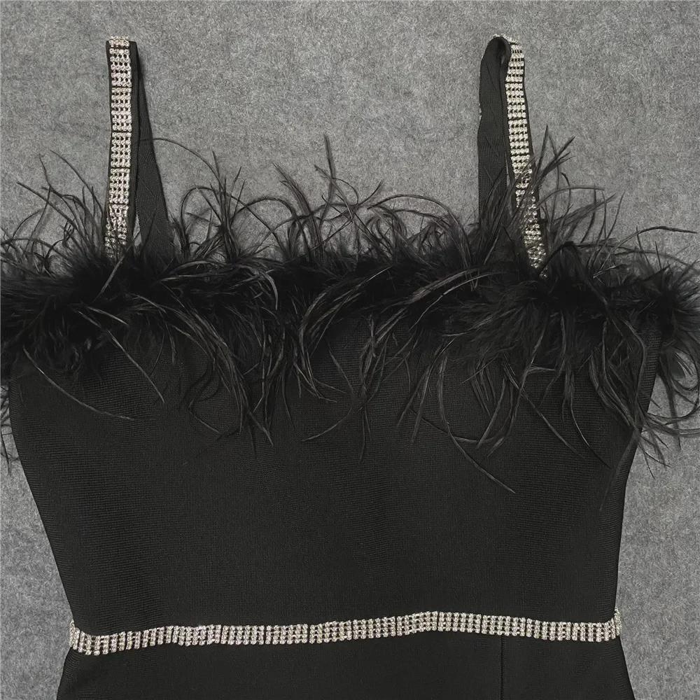 "European & American Women's Sexy Celebrity Feather Slit Bandage Midi Dress with Diamonds"