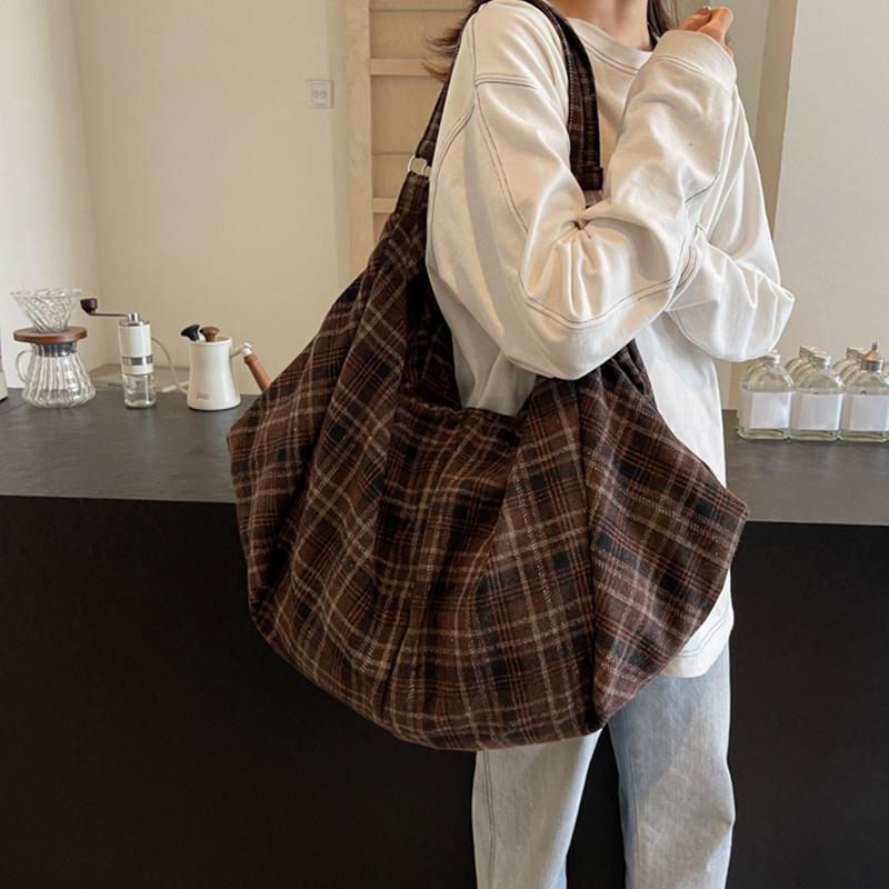 Chic Plaid Nylon Large Capacity Tote Bag Women Casual Top Handle Hobo Shoulder Shopper with Fixed Strap For Daily Work CLE