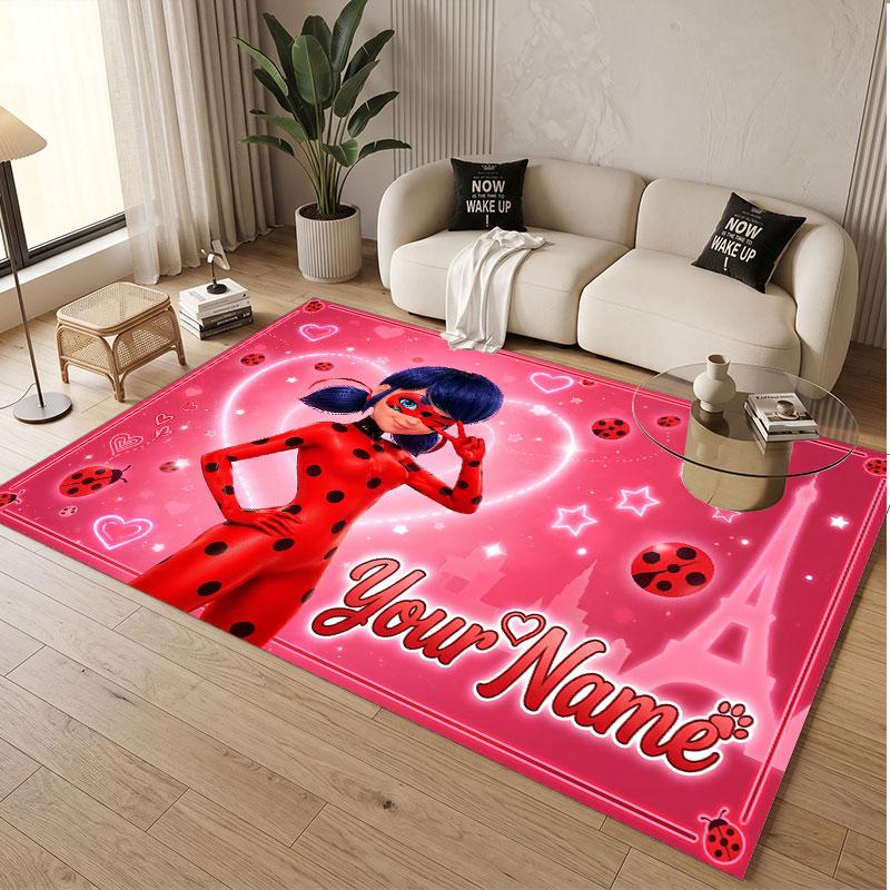 Custom Name Text Crystal Velvet Rug,Miraculous Ladybug Soft Plush Decorative Non Slip Floor Carpet
