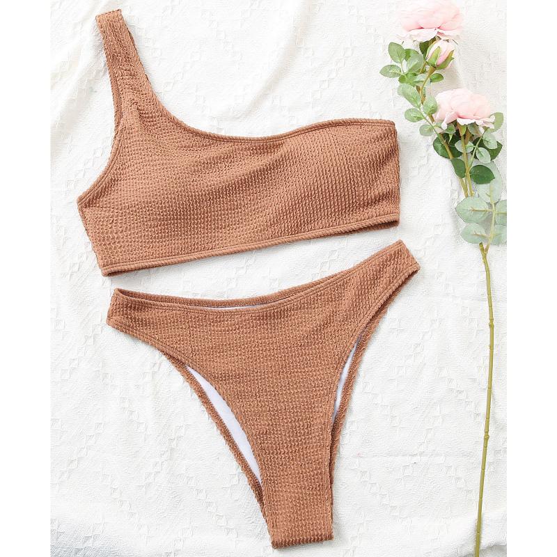 Buy Nessaj One Shoulder Bikini Set Solid Textured Swimwear Women ...