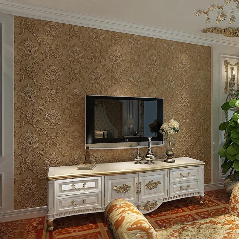 Evropský styl 3D stereo damaškový flokovaný netkaný tapetový role pro ložnici, obývací pokoj, moderní jednoduchá dekorace, tapetová role