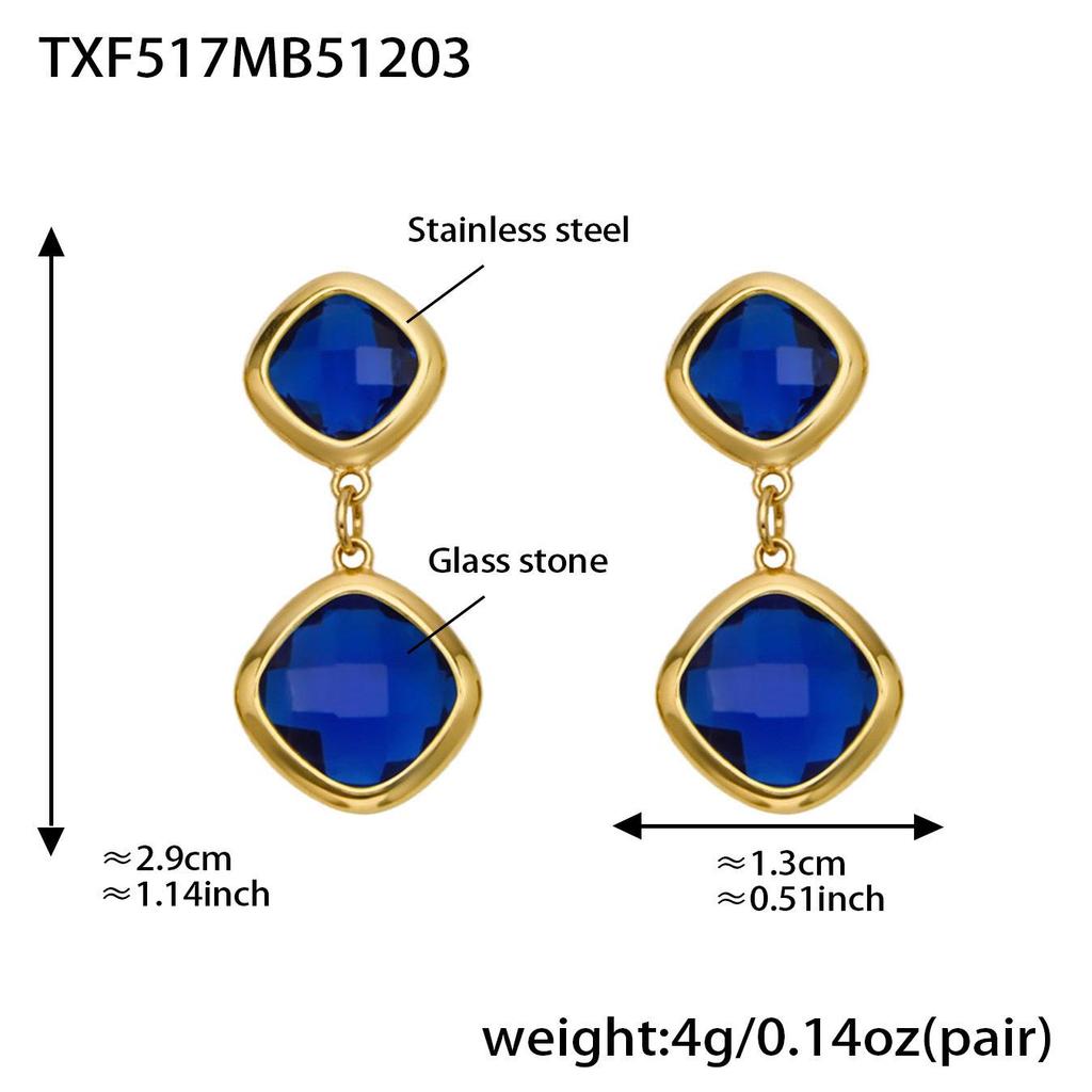 Geometric Glass Stone Earrings & Stainless Steel Bead Necklace Bracelet Set - Multi-color Patchwork Jewelry
