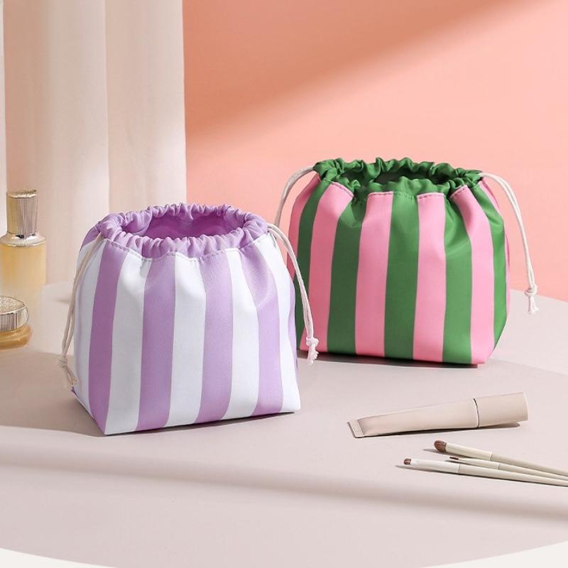 Large Capacity Cute Makeup Bag with Drawstring - Large Striped Travel Toiletry Bag Cosmetic Wash Storage Bag for Women