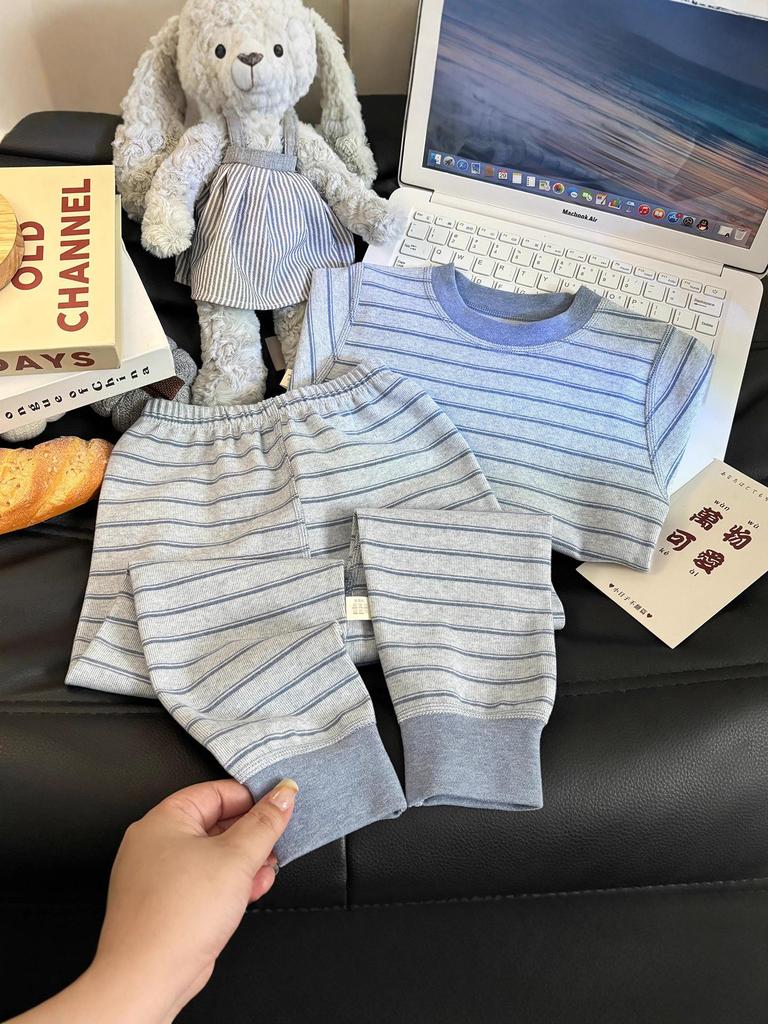 Children's Velvet Cotton Underwear Set: Thickened Autumn Striped Home Wear for Boys and Girls