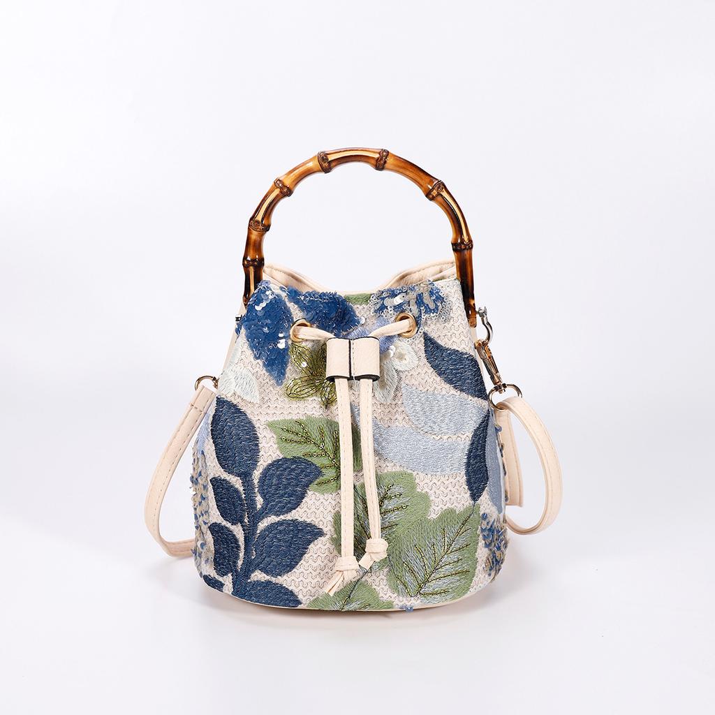 Elegant Sequin Embroidered Straw Woven Bucket Bag with Bamboo Handle - New Arrival Summer Trend Unique Crossbody Bag for Women