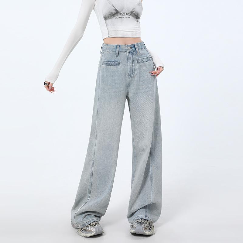 Ljusblå Wide-Leg Jeans med Hög Midja för Kvinnor - Våren 2025 Smalande Lös Passform Rak Ben Design