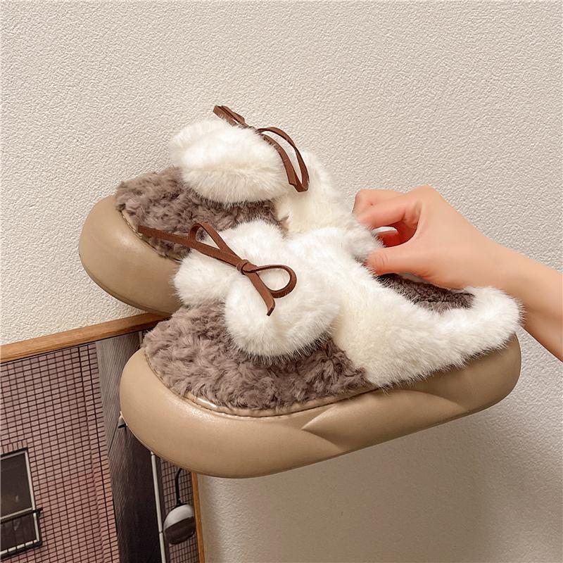 fashion Bow Fur Slippers for Women Comfortable Flat Thick Sole Household Cotton Shoes 2024 Winter New Women's Plush Warm Slippers