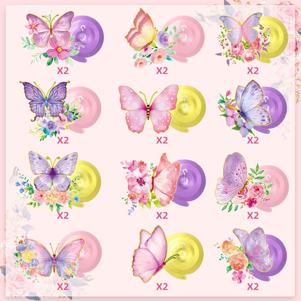 32Pcs Butterfly Party Decorations, Butterfly Hanging Swirl Decorations Pink and Purple Hanging Butterfly Decorations for Spring Summer Garden