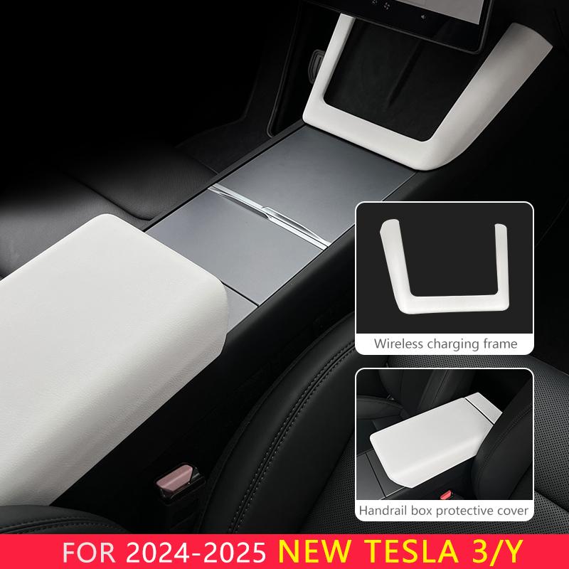 For Tesla Model Y Launch Juniper 2025 Model 3 Highland 2024 White Leather Center Console Wireless Charging Frame Cover
