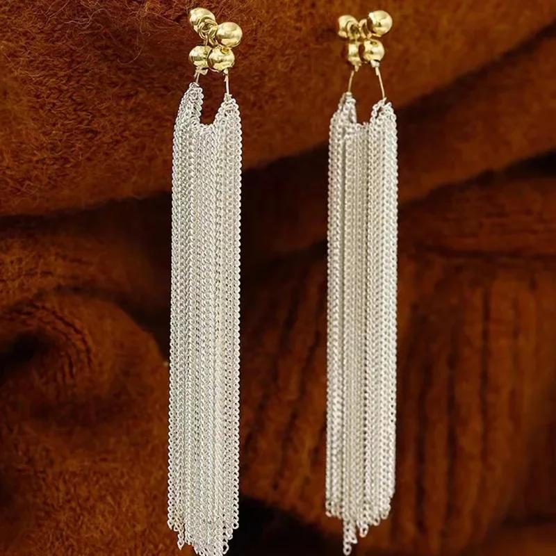 Charm Sparkling Galaxy Falls Long Tassel Drop Dangle Earrings for Women Exaggerate Stainless Steel Chain Hoop Earring Jewelry