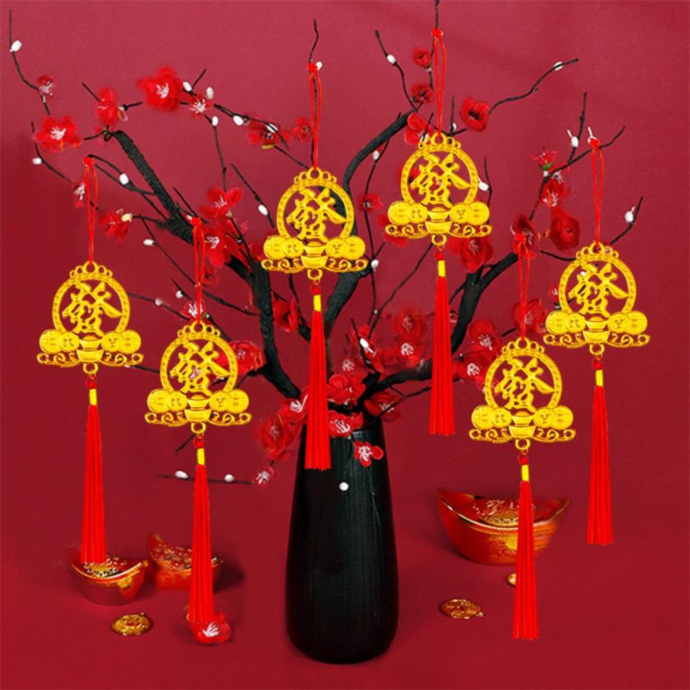 6/10Pcs Gold Chinese New Year Pendant Waterproof Wealth Spring Festival Bonsai Pendant with Tassel Traditional