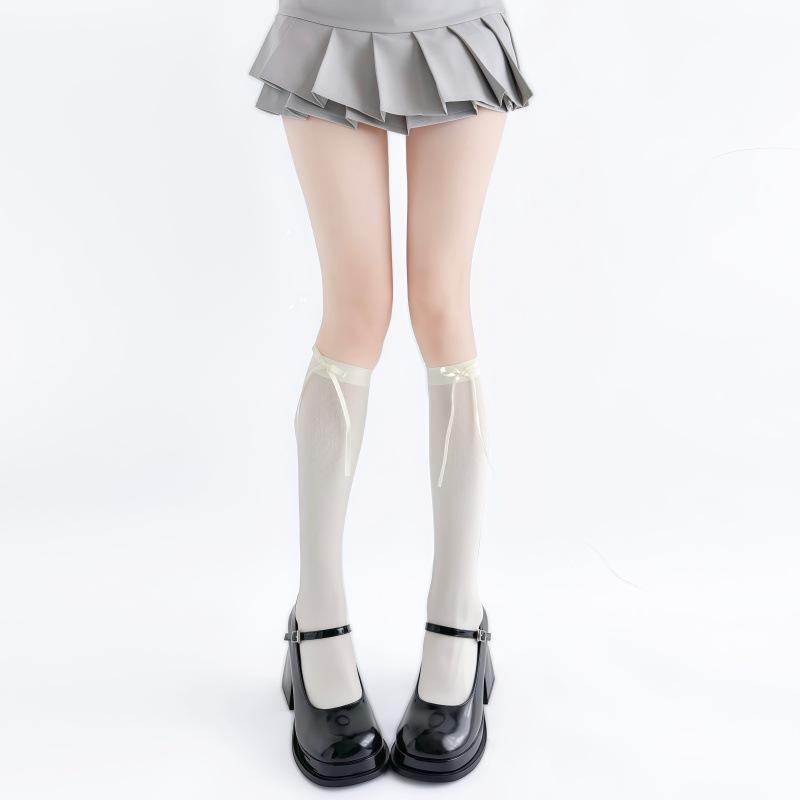 Lolita Socks Bow Knee Socks Calf Socks Gray JK Stockings Women's Ribbon Butterfly Long Socks