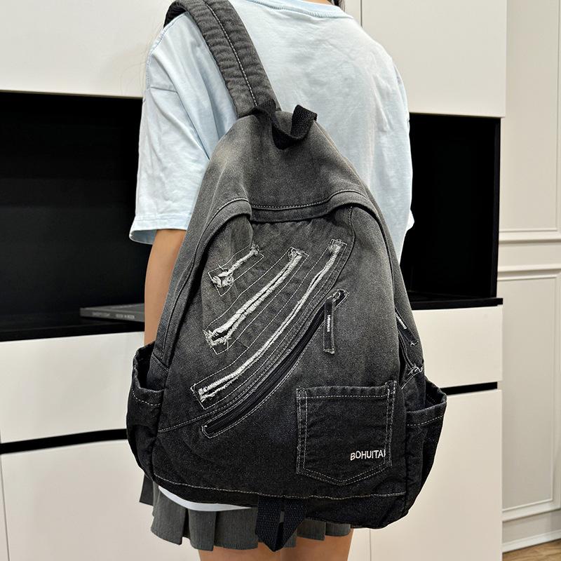 New casual denim student schoolbag Japanese old retro washed denim backpack large capacity bag