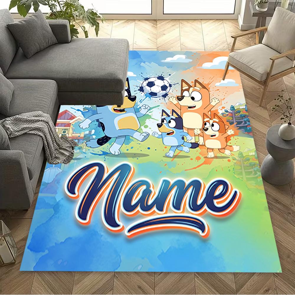 Bluey's Soccer Fun Customizable Name Floor Mat Suitable for Entryway Dormitory Dining Room Decorate room Anti-slip Rug Anime Office Decor