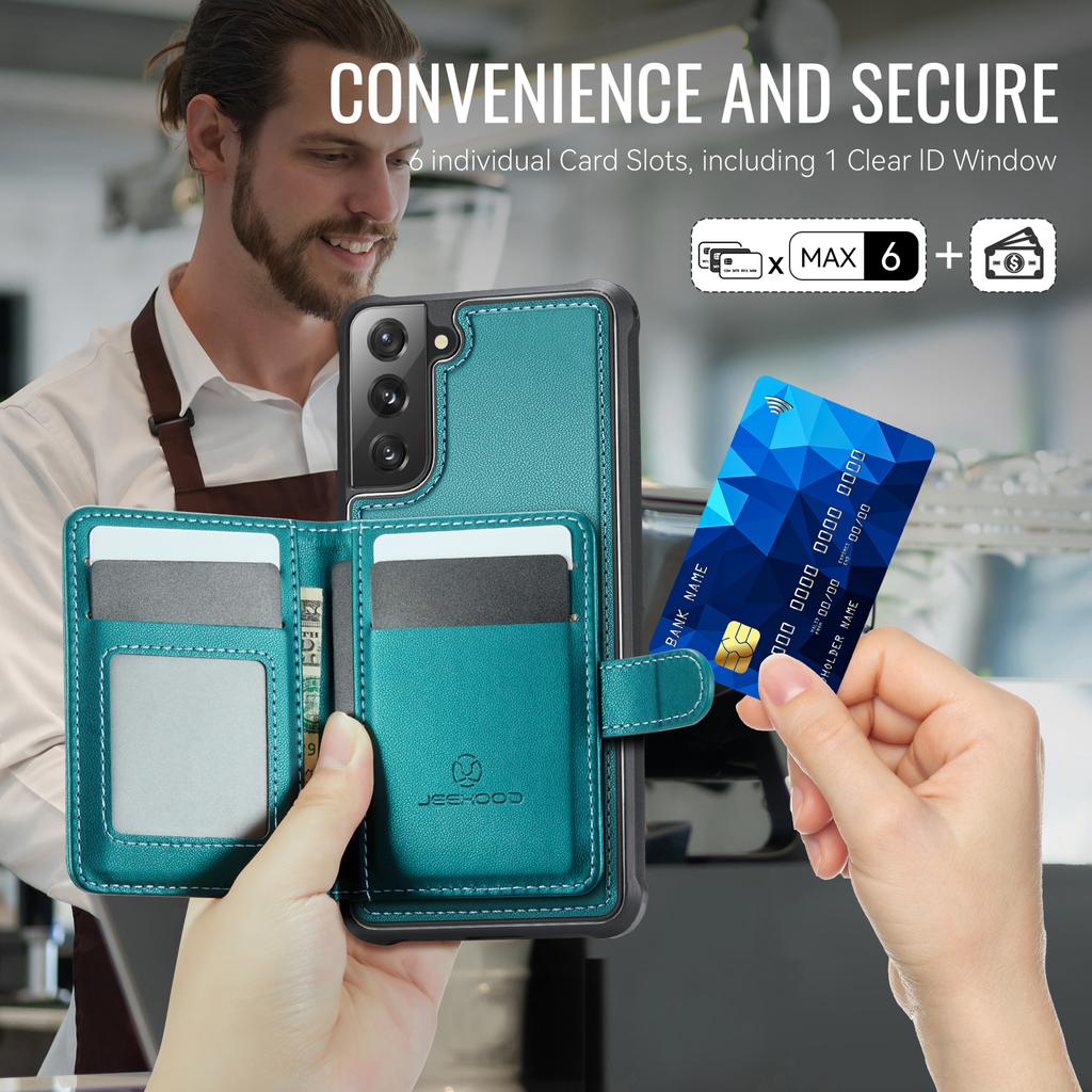 For Samsung Galaxy S22 5G Case JEEHOOD J09 RFID Blocking Card Holder Leather Back Phone Cover Magnetic Case