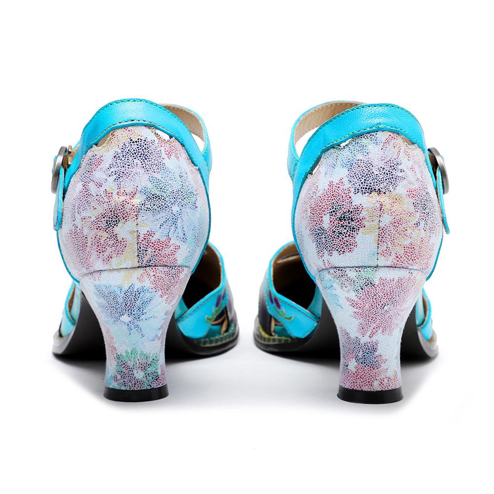 Dámské boty na středním podpatku pravá kůže ručně malované retro kontrastní kulatá špička pohodlné sandály