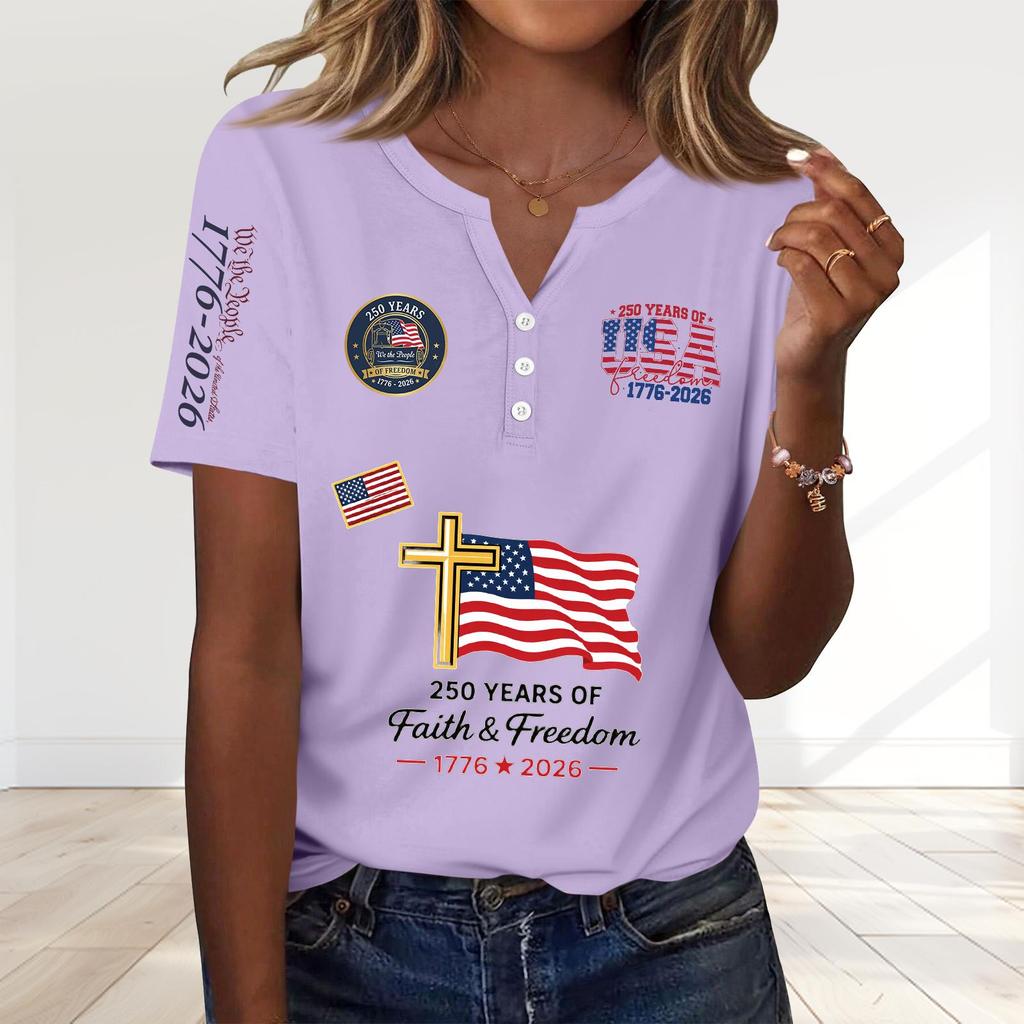 Women's Fashion Casual 250th Anniversary Independence Day Print V-Neck Short Sleeve Decorated Button-Up T-Shirt
