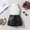 Children Clothing Summer New Girls Knitting Vest Top + PU Leather Shorts Skirt 2 Pieces Suit for Kids Fashion Clothes Outfit
