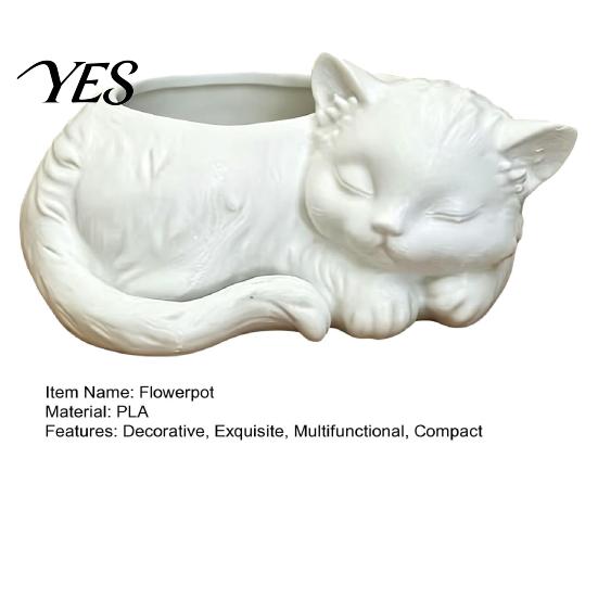 Three Dimensional Cat Planter 3D Printed Sleeping Flowerpot, Mini Desktop Planter, Unique Indoor Garden Decor Decorative Plant Holder for Succulents