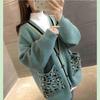 Spring and Autumn V-neck Knitted Cardigan Women Leopard Pocket Sweater Coat Versatile Student Mid Length Cardigan Sweater