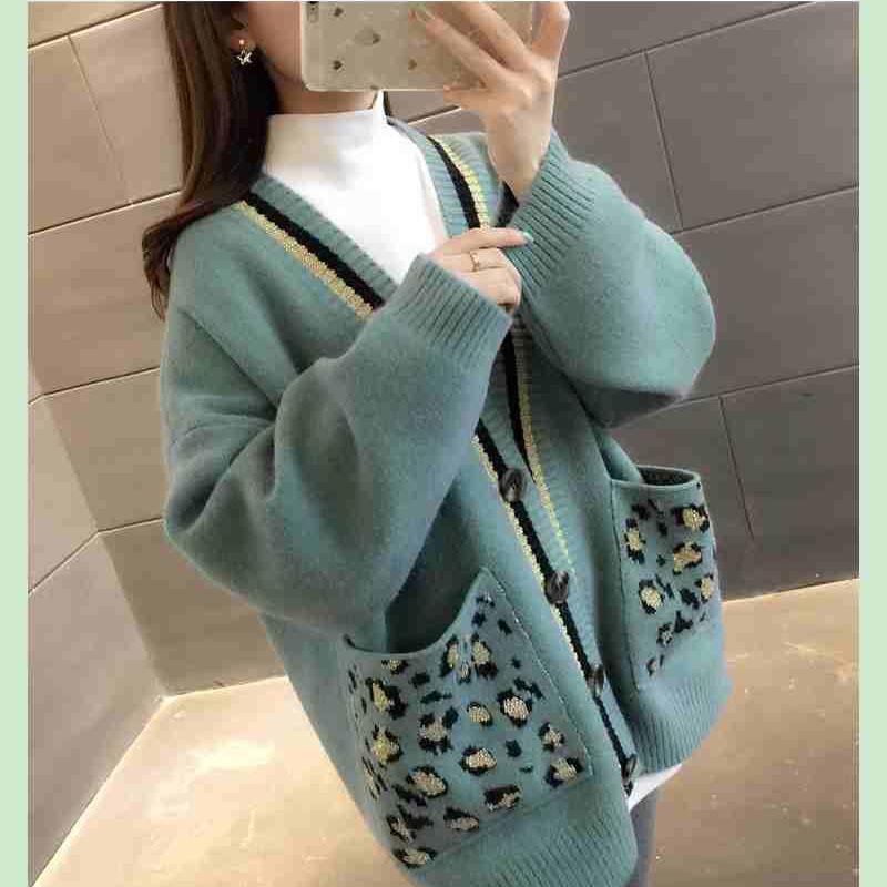 Spring and Autumn V-neck Knitted Cardigan Women Leopard Pocket Sweater Coat Versatile Student Mid Length Cardigan Sweater