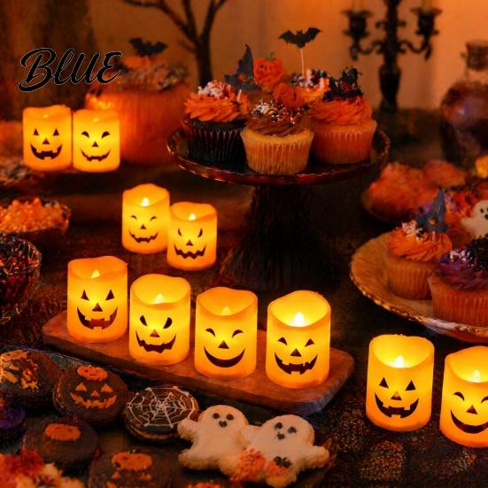 Realistic Flickering Flameless Candles 6 Pcs Battery Operated Tea Lights Orange Electric Fake Ghostly Patterned LED Candles Halloween Spooky Pumpkin