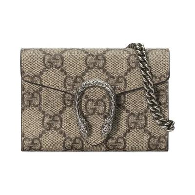 Borsa Tote in Tela e Pelle con Fibbia a Testa di Tigre Dionysus, Monogramma, Catena e Portamonete Super Mini da Donna, Beige ed Ebano