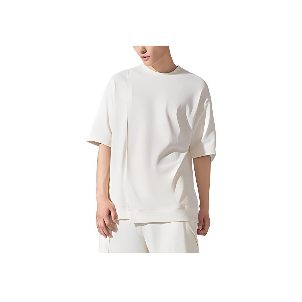 Li-Ning X Jackie Chan Kung Fu Series Asymmetrical Patchwork Loose Short Sleeve T-Shirt Unisex Tops Off-White AHSSA87-2