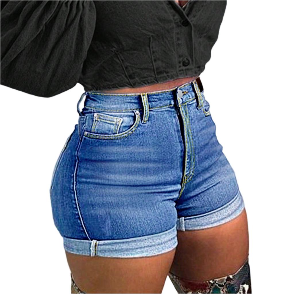 Women's Solid Color Jeans Stretch Slim Fit Distressed Denim Shorts