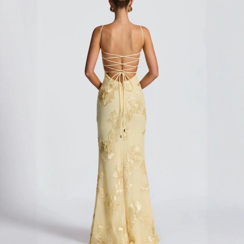 Elegant Floral Embellished Evening Dress Women Slim Fit French Chic Long Gown Sleeveless Wrap Waistline 2025