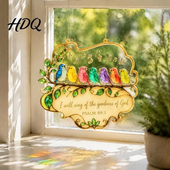Indoor Window Ornaments Acrylic Songbird Hanging Pendant Inspirational Bird & Floral Sun Colorful Suncatcher Catcher Religious Bible Verse