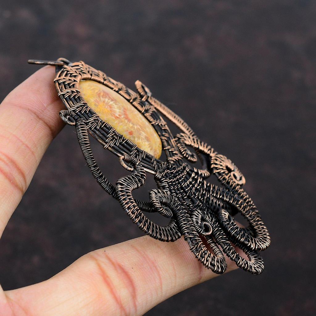 Fossil Coral Pendant Copper Wire Wrapped Pendant Original Gemstone Jewelry Handmade Pendant Gift For Her Copper Wire Jewelry Octopus Pendant