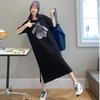 Korean Casual Letter Printing Long Short-sleeved T-shirt Dress for Women's Trend Summer New Split-ended Long Dress for Thin Women