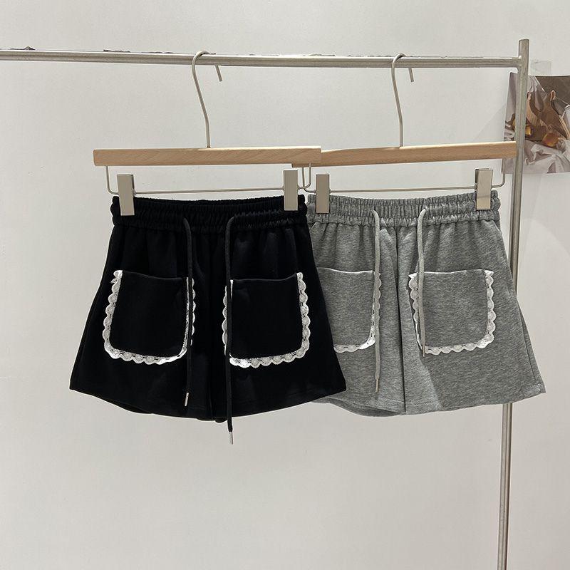 Petite Women's Grey Lace Athletic High Waist Shorts - Summer Casual Slimming Wide Leg 2025