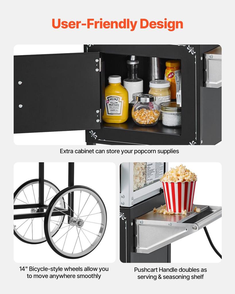 Popcorn Machine with Cart Popcorn Popper Maker 800W 0.2kg Kettle Black