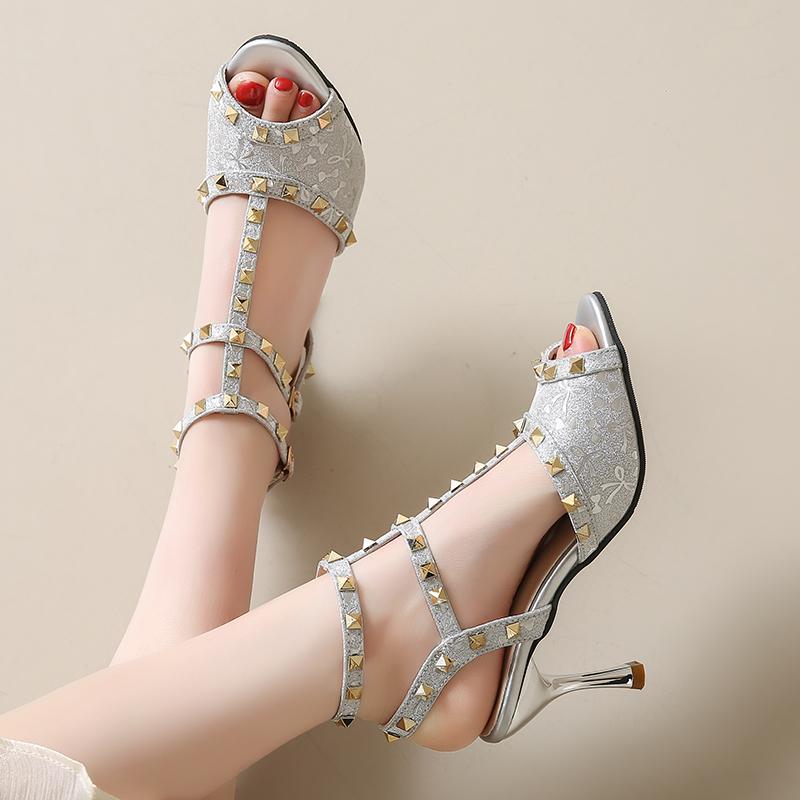 Summer Fish Mouth Sandals Women Round Head Shallow Mouth Rivet Metal Buckle Non-slip Wear-resistant High Heels